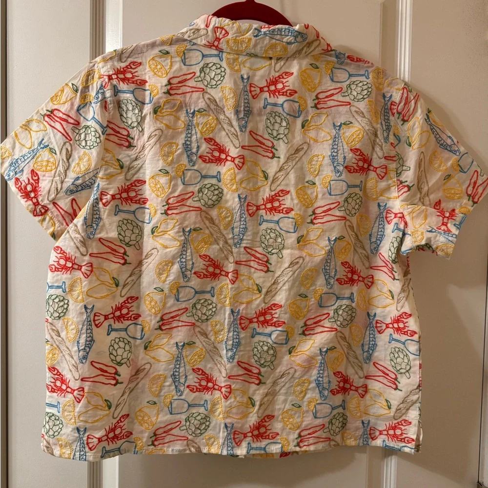 NWT Cynthia Rowley Embroidery Design Citrus and Seafood Print Shirt Size L - Picture 2 of 9